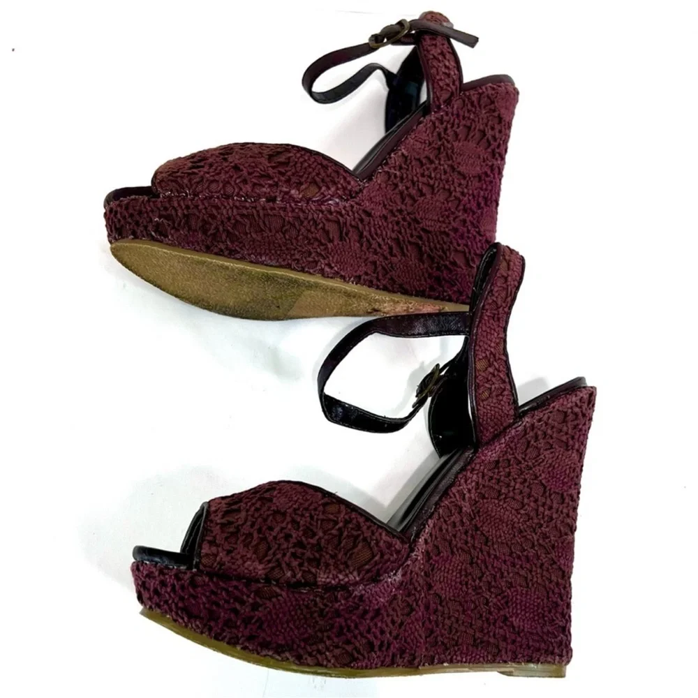 Diva Lounge Brown Lace Platform Wedge Sandals Open Toe Ankle Strap Heels w/ Box